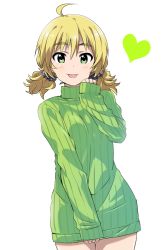 Rule 34 | 1girl, :d, ahoge, alternate hairstyle, blonde hair, green eyes, hair ornament, hair scrunchie, heart, highres, hoshii miki, idolmaster, idolmaster (classic), looking at viewer, low twintails, open mouth, ribbed sweater, scrunchie, short twintails, sleeves past wrists, smile, solo, sweater, turtleneck, twintails, yumekaranigeruna