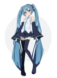 Rule 34 | 1girl, absurdres, aqua eyes, aqua hair, aqua necktie, black footwear, black skirt, boots, breasts, closed mouth, collared shirt, commentary, detached sleeves, full body, hatsune miku, high heel boots, high heels, highres, long hair, looking at viewer, miku day, myakuro, necktie, number tattoo, pleated skirt, shirt, skirt, small breasts, solo, tattoo, thigh boots, very long hair, vocaloid, white shirt