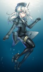 Rule 34 | 10s, 1girl, :o, air bubble, blonde hair, blue eyes, bubble, covered navel, cropped jacket, garrison cap, hair ornament, hat, headgear, kantai collection, keita (tundereyuina), long hair, looking at viewer, pantyhose, grey eyes, solo, u-511 (kancolle), underwater, uniform