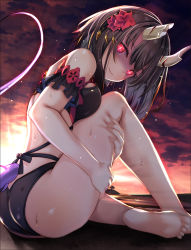 Rule 34 | + +, 1girl, ass, bare shoulders, barefoot, bikini, black bikini, black hair, breasts, broken horn, cloud, cloudy sky, commentary request, demon girl, demon horns, eriko (princess connect!), eriko (summer) (princess connect!), flower, glowing, glowing eyes, hair flower, hair ornament, horns, kazumasa, large breasts, multi-strapped bikini bottom, official alternate costume, princess connect!, red eyes, shaded face, short hair, sitting, sky, soles, solo, spiked tail, sunset, swimsuit, symbol-shaped pupils, tail, toes, wet