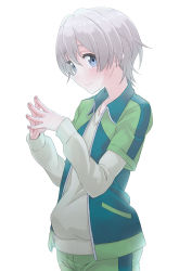 Rule 34 | 10s, 1boy, androgynous, ayumu-k, blue eyes, blush, fingers together, highres, jacket, looking at viewer, male focus, open clothes, open jacket, short hair, silver hair, simple background, smile, solo, steepled fingers, totsuka saika, track jacket, white background, yahari ore no seishun lovecome wa machigatteiru.