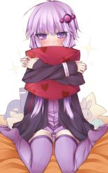 Rule 34 | 1girl, blush, covering own mouth, hair ornament, highres, hugging object, long hair, looking at viewer, no shoes, pillow, pillow hug, purple eyes, purple hair, purple thighhighs, sitting, solo, sparkle, stuffed toy, tanyatonya, thighhighs, twintails, vocaloid, voiceroid, wariza, yuzuki yukari