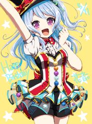 Rule 34 | 1girl, :d, akasata, arm up, back bow, bang dream!, black shorts, blue hair, blush, bow, bowtie, center frills, clenched hand, cowboy shot, dated, frills, green ribbon, hair ribbon, hand up, happy birthday, hat, hat bow, light blue hair, long hair, matsubara kanon, one side up, open mouth, polka dot neckwear, pom pom (clothes), purple eyes, red bow, red bowtie, ribbon, sash, short sleeves, shorts, showgirl skirt, smile, solo, star (symbol), yellow background