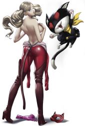 Rule 34 | 1girl, absurdres, ass, blonde hair, blue eyes, bodysuit, boots, breasts, brown footwear, cat, earrings, floating hair, fox mask, from behind, full body, gloves, unworn gloves, heart, heart-shaped pupils, high heel boots, high heels, highres, jewelry, long hair, looking at viewer, looking back, mask, unworn mask, medium breasts, morgana (persona 5), one eye closed, parted bangs, parted lips, persona, persona 5, pink gloves, red bodysuit, rondeu, sideboob, simple background, standing, symbol-shaped pupils, takamaki anne, thigh boots, thighhighs, topless, twintails, white background