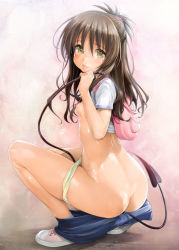 Rule 34 | 1girl, anal tail, ass, backpack, bag, between buttocks, blush, breasts, brown eyes, brown hair, butt crack, butt plug, closed mouth, clothes lift, clothes pull, convenient censoring, fake tail, female focus, from behind, full body, functionally nude, hair bobbles, hair censor, hair ornament, ishikei, lips, long hair, looking at viewer, looking back, nipples, panties, panty pull, perky breasts, pussy juice drip, sex toy, shiny skin, shirt lift, shoes, short sleeves, shorts, shorts pull, small areolae, small breasts, small nipples, solo, squatting, tail, to love-ru, underwear, yuuki mikan
