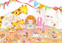 Rule 34 | 1girl, 5025komatiko, :3, animal, apron, artist name, bear, bird, blue bow, blush, bow, brown hair, cake, candy, closed mouth, colored pencil (medium), cup, cupcake, dot nose, feast, fluffy, food, fork, fox, giraffe, highres, holding, holding fork, holding spoon, ice cream, ice cream cone, mouse (animal), open mouth, original, painting (medium), parfait, plate, polar bear, popcorn, rabbit, red ribbon, ribbon, sandwich, sharp teeth, sheep, short sleeves, signature, simple background, smile, solo, spoon, sweets, table, teacup, teapot, teeth, traditional media, watercolor (medium), white background, yellow apron