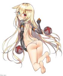 Rule 34 | 1girl, ass, barefoot, blonde hair, blue eyes, breasts, crossed bangs, from behind, full body, g41 (girls&#039; frontline), girls&#039; frontline, hair over breasts, hair over one breast, heterochromia, highres, kurut, long hair, looking at viewer, looking back, mechanical arms, panties, prosthesis, red eyes, simple background, small breasts, solo, thighs, topless, underwear, white background, white panties