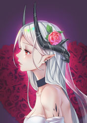 Rule 34 | 1girl, absurdres, aluo 7762, arknights, bare shoulders, black choker, breasts, choker, cleavage, flower, from side, hair flower, hair ornament, highres, horns, leaf, long hair, material growth, medium breasts, mudrock (arknights), oripathy lesion (arknights), parted lips, pointy ears, red eyes, red flower, red rose, rose, silver hair, solo, strapless, upper body