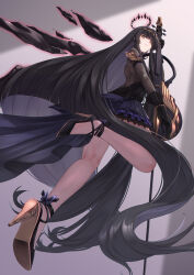 1girl absurdly_long_hair arknights bare_legs black_dress black_eyes black_gloves black_hair black_halo black_nails closed_mouth commentary_request detached_wings dress from_below full_body gloves halo high_heels highres holding holding_instrument holding_violin instrument long_hair mole mole_under_eye official_alternate_costume solo very_long_hair violin virtuosa_(arknights) virtuosa_(diversity_oneness)_(arknights) wings yamauchi_(conan-comy)