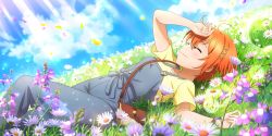 Rule 34 | 1girl, absurdres, artist name, artist request, bag, blue bow, blue pants, blue sky, bow, bracelet, breasts, cloud, collarbone, cowboy shot, day, closed eyes, female focus, field, flower, flower field, grass, hair between eyes, hair ornament, hand on own head, handbag, highres, hoshizora rin, jewelry, knee up, looking at viewer, love live!, love live! school idol festival, love live! school idol festival all stars, love live! school idol project, on flower, on grass, orange hair, outdoors, pants, parted lips, purple petals, shirt, short hair, short sleeves, shoulder bag, signs of spring (love live!), sky, small breasts, smile, solo, sunlight, x hair ornament, yellow petals, yellow shirt