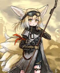 Rule 34 | 1girl, absurdres, animal ears, arknights, bandana, black shorts, blonde hair, brown gloves, commentary, day, dirty, dirty face, english commentary, fingerless gloves, fox ears, fox girl, fox tail, gloves, goggles, goggles on head, grey jacket, hair between eyes, hand up, highres, jacket, layered sleeves, long sleeves, looking at viewer, multicolored hair, outdoors, parted lips, rylaera, sand, short over long sleeves, short sleeves, shorts, signature, sketch, solo, standing, suzuran (arknights), suzuran (lostlands flowering) (arknights), tail, two-tone hair, white hair