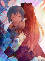 Rule 34 | 2girls, abstract background, absurdres, blue hair, bow, closed eyes, commentary request, detached sleeves, hair bow, high ponytail, highres, hug, long hair, magical girl, mahou shoujo madoka magica, miki sayaka, mitakihara school uniform, multiple girls, on floor, open mouth, partial commentary, pinosan, ponytail, red hair, ribbon, sakura kyoko, school uniform, short hair, skirt, smile, tearing up