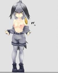 Rule 34 | 10s, 1girl, belt, bird tail, black gloves, black hair, breasts, clothes pull, fingerless gloves, full body, gloves, grey background, grey hair, grey shirt, grey shorts, kemono friends, long hair, looking at viewer, low ponytail, medium breasts, multicolored hair, nipples, no bra, open clothes, orange hair, shirt, shirt pull, shoebill (kemono friends), shorts, side ponytail, simple background, sman, solo, standing, tail, undressing, yellow eyes