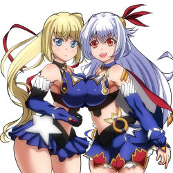 Rule 34 | 10s, 2girls, asymmetrical docking, bare shoulders, belt, blonde hair, blue eyes, breast press, breasts, cape, covered erect nipples, detached sleeves, elbow gloves, eleonora viltaria, gloves, hair ornament, large breasts, limalisha, long hair, looking at viewer, madan no ou to vanadis, midriff, multiple girls, open mouth, red eyes, side ponytail, simple background, skirt, smile, white hair