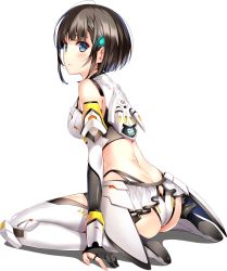Rule 34 | 1girl, anemori ayano, arm support, ass, bare shoulders, black hair, blue eyes, blush, boots, breasts, crop top, dmm, from behind, full body, hair ornament, hairclip, high heels, highres, looking at viewer, looking back, medium breasts, midriff, misaki kurehito, official art, ragnastrike angels, sitting, solo, thigh boots, thighhighs, transparent background, wariza, white thighhighs