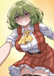 Rule 34 | 1girl, absurdres, ascot, belt, black belt, black thighhighs, breasts, buttons, collared shirt, cowboy shot, double-parted bangs, evil grin, evil smile, fluffywings, frilled skirt, frills, from below, green hair, grin, hair between eyes, highres, kazami yuuka, large breasts, leaning forward, looking at viewer, medium hair, miniskirt, open clothes, open vest, outstretched arm, partially shaded face, plaid, plaid skirt, plaid vest, reaching, reaching towards viewer, red eyes, red skirt, red vest, shirt, shirt tucked in, short sleeves, simple background, skirt, skirt set, smile, solo, taut clothes, taut shirt, thighhighs, touhou, v-shaped eyebrows, vest, white shirt, wing collar, yellow ascot, zettai ryouiki