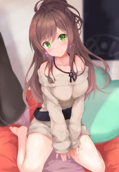 Rule 34 | 10s, 1girl, bang dream!, bare legs, bare shoulders, barefoot, bed, belt, between legs, blurry, blush, breasts, brown hair, dress, earrings, floating hair, green eyes, hair between eyes, head tilt, heart, heart-shaped pillow, imai lisa, indoors, jewelry, kurai masaru, long hair, long sleeves, looking at viewer, on bed, pillow, ponytail, sitting, sleeves past fingers, sleeves past wrists, smile, solo, striped clothes, striped dress, sweater, sweater vest