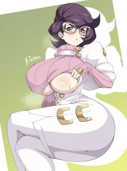 Rule 34 | 1girl, ass, breasts, cero rains, cleavage, cleavage cutout, clothes lift, clothing cutout, creatures (company), crossed legs, game freak, glasses, green eyes, highres, huge breasts, long sleeves, medium hair, nintendo, no bra, pink-framed eyewear, pink sweater, pokemon, pokemon sm, purple hair, ribbed sweater, sitting, solo, sweater, sweater lift, turtleneck, turtleneck sweater, underboob, underboob cutout, undressing, wicke (pokemon)