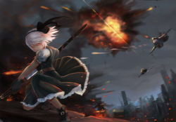 Rule 34 | 1girl, absurdres, aircraft, airplane, belt, cityscape, explosion, closed eyes, fighter jet, firing, hair ribbon, hairband, highres, jet, konpaku youmu, military, military vehicle, ribbon, sheath, short hair, silver hair, skirt, slicing, sparks, sword, touhou, unsheathing, weapon, xiaoxiao