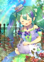 Rule 34 | :d, ^ ^, ahoge, animal, bare shoulders, blue flower, blue rose, blurry, blurry background, bow, breasts, closed eyes, collarbone, crown, day, depth of field, dress, facing viewer, fence, flower, green bow, green hair, hair between eyes, hair bow, indie virtual youtuber, kou hiyoyo, long hair, mini crown, multicolored hair, off-shoulder dress, off shoulder, open mouth, outdoors, puffy short sleeves, puffy sleeves, purple dress, purple flower, purple hair, purple rose, rabbit, rainbow, red flower, red rose, ringlets, rose, short sleeves, shrike exe, small breasts, smile, solo, streaked hair, tilted headwear, twintails, very long hair, virtual youtuber