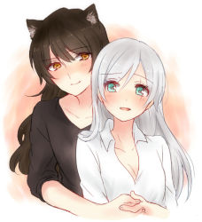 Rule 34 | 2girls, :d, animal ears, aqua eyes, bad id, bad pixiv id, black hair, black shirt, blake belladonna, blue eyes, blush, breasts, cat ears, cat girl, cleavage, closed mouth, collarbone, couple, facial mark, facing another, facing viewer, faunus (rwby), hair between eyes, hair down, happy, holding, holding hands, hug, hug from behind, long hair, looking at viewer, multiple girls, open mouth, rwby, scar, scar on face, shirt, small breasts, smile, sorimachi-doufu, tongue, upper body, weiss schnee, white hair, white shirt, yellow eyes, yuri