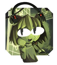 Rule 34 | 1girl, :3, animal ears, border, boviburger, cat ears, chibi, commentary, deep rock galactic, english commentary, flat chest, green theme, headphones, headphones on animal ears, holographic interface, long sleeves, looking at viewer, medium bangs, melty blood, microphone, mission control (drg), neco-arc, open mouth, shirt, short hair, signature, smile, solo, transparent border, tsukihime, upper body