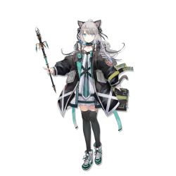 Rule 34 | 1girl, animal ears, arknights, black choker, black jacket, black ribbon, black thighhighs, blue eyes, book, cat ears, choker, dress, full body, hair ribbon, holding, holding book, holding staff, infection monitor (arknights), jacket, long hair, long sleeves, looking at viewer, mint (arknights), nuudoru, official art, open clothes, open jacket, ribbon, shoes, short dress, silver hair, solo, staff, standing, thighhighs, transparent background, white dress, white footwear, zettai ryouiki