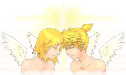 Rule 34 | 1boy, 1girl, angel wings, blonde hair, brother and sister, collarbone, face-to-face, forehead-to-forehead, hair ornament, hairclip, heads together, kagamine len, kagamine rin, koz, nude, siblings, smile, twins, vocaloid, wings