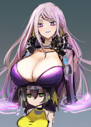 absurdres black_hair breast_envy breast_rest breasts cleavage dress duel_monster facial_mark forehead_mark fur_trim green_eyes hatano_kiyoshi highres huge_breasts purple_dress purple_eyes purple_hair s-force_pla-tina s-force_rappa_chiyomaru yu-gi-oh!