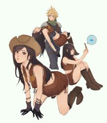 Rule 34 | 1boy, 1girl, armor, bad id, bad twitter id, bare shoulders, black hair, blonde hair, blue eyes, bracelet, brown footwear, brown headwear, brown skirt, brown vest, carrying, cloud strife, cowboy hat, cowgirl (western), crisis core final fantasy vii, crop top, earrings, final fantasy, final fantasy vii, final fantasy vii remake, full body, gloves, hat, highres, holding, holding phone, jewelry, long hair, looking at another, looking at viewer, multiple views, nibelheim, official alternate costume, phone, princess carry, pudelmudel, red eyes, shinra infantry, shoulder armor, simple background, sitting, skirt, spiked hair, square enix, tifa lockhart, tifa lockhart (cowgirl), vest