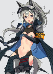 Rule 34 | 1girl, arknights, armband, breasts, choker, covering privates, covering chest, embarrassed, flying sweatdrops, gloves, grani (arknights), grey background, grey hair, highres, hip vent, leg up, long hair, meme attire, navel, pasties, ponytail, purple eyes, reverse bunnysuit, reverse outfit, shoes, sidelocks, sigm@, simple background, small breasts, sneakers, solo, tail, tears, visor (armor), weapon