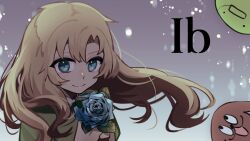 Rule 34 | 1girl, blonde hair, blue eyes, blue flower, blue rose, commentary request, copyright name, dress, flower, gradient background, green dress, grey background, holding, holding flower, ib (kouri), long hair, looking at viewer, mary (ib), original, rose, smile, solo, upper body, yukinohito (koutyanomitai)