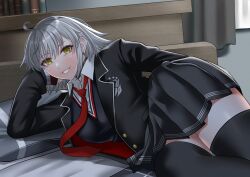 Rule 34 | 1girl, absurdres, ahoge, blush, breasts, fate/grand order, fate (series), grey hair, grin, highres, indoors, jeanne d&#039;arc alter (avenger) (fate), jeanne d&#039;arc alter (fate), large breasts, long sleeves, looking at viewer, looking back, lying, on side, school uniform, short hair, skirt, smile, solo, thighhighs, tomotomow00w, yellow eyes