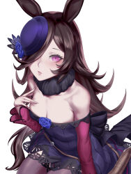 Rule 34 | 1girl, absurdres, animal ears, back bow, bare shoulders, belt, black belt, black bow, black dress, blue flower, blue hat, blue rose, bow, breasts, brown hair, brown thighhighs, cleavage, commentary, dress, fingernails, flower, from above, fur collar, hair over one eye, hand up, hat, hat flower, highres, horse ears, horse girl, kumiko shiba, long hair, long sleeves, looking at viewer, off-shoulder dress, off shoulder, parted lips, pink eyes, rice shower (umamusume), rose, scabbard, sheath, short dress, sidelocks, simple background, small breasts, solo, thighhighs, tilted headwear, umamusume, white background