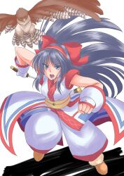 Rule 34 | 1girl, ainu clothes, blue eyes, blue hair, breasts, fingerless gloves, gloves, hair ribbon, highres, large breasts, legs, long hair, looking at viewer, mamahaha, nakoruru, open mouth, pants, ribbon, samurai spirits, snk, the king of fighters, thighs, weapon