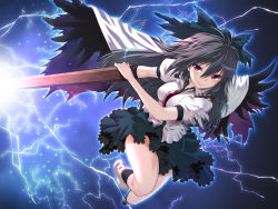 Rule 34 | 1girl, arm cannon, black hair, black wings, bow, brown hair, cape, chikado, colorized, electricity, female focus, hair bow, highres, lightning, long hair, md5 mismatch, nakajou, purple eyes, red eyes, reiuji utsuho, shirt, skirt, smile, solo, third eye, torn clothes, torn shirt, touhou, weapon, wings