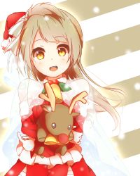 Rule 34 | 10s, 1girl, bell, bow, brown hair, hair bow, hat, looking at viewer, love live!, love live! school idol project, minami kotori, oda (101511a), open mouth, santa costume, santa hat, solo, striped, striped background, stuffed animal, stuffed reindeer, stuffed toy, yellow eyes