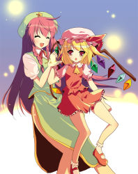 Rule 34 | 2girls, blonde hair, blush, china dress, chinese clothes, dress, closed eyes, female focus, flandre scarlet, hat, hong meiling, long hair, multiple girls, open mouth, red eyes, red hair, shiwasu horio, short hair, side slit, smile, embodiment of scarlet devil, touhou, wings