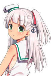 Rule 34 | 1girl, anchor hair ornament, bare shoulders, green eyes, grey hair, hair ornament, hair ribbon, hat, kantai collection, long hair, looking at viewer, maestrale (kancolle), no bra, ribbon, side ponytail, smile, solo, tan, tanline, uousa-ou, upper body