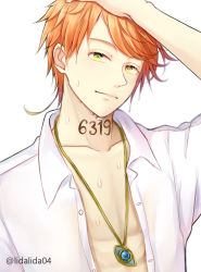 Rule 34 | 1boy, arm up, artist name, blouse, closed mouth, collar, collarbone, collared shirt, emma (yakusoku no neverland), genderswap, genderswap (ftm), green eyes, hand on own head, highres, jewelry, lidatan, looking at viewer, male focus, neck tattoo, necklace, number tattoo, open clothes, open shirt, orange hair, shirt, short hair, simple background, solo, tattoo, water drop, wet, wet hair, white background, white shirt, yakusoku no neverland