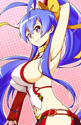 Rule 34 | 1girl, antenna hair, arm up, armpits, belt, blazblue, blue hair, breasts, commentary, cowboy shot, english commentary, fingerless gloves, gloves, hair ribbon, high ponytail, highres, large breasts, long hair, looking at viewer, lyn (shunao), mai natsume, midriff, navel, pink background, polearm, polka dot, polka dot background, purple eyes, revealing clothes, ribbon, side slit, sideboob, smile, solo, weapon