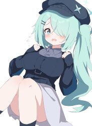 Rule 34 | 1girl, absurdres, ass, belt, black belt, black hat, black socks, blue archive, blush, breasts, cabbie hat, collared shirt, feet out of frame, green eyes, green hair, green halo, grey shirt, grey skirt, hair over one eye, halo, hat, highres, hiyori (blue archive), large breasts, long hair, long sleeves, open mouth, shirt, side ponytail, simple background, skirt, socks, solo, white background, yukisiannn