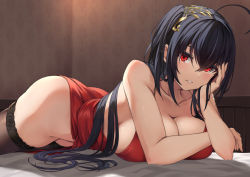 Rule 34 | 1girl, ahoge, azur lane, bare shoulders, black hair, black thighhighs, breasts, cleavage, cocktail dress, collarbone, crossed bangs, dress, hair between eyes, hair ornament, head hold, indoors, large breasts, long hair, looking at viewer, lying, no panties, official alternate costume, on stomach, parted lips, rebutsu, red dress, red eyes, shiny skin, smile, solo, taihou (azur lane), taihou (forbidden feast) (azur lane), thighhighs, thighs, very long hair