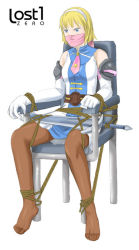 Rule 34 | 1girl, bdsm, blonde hair, bondage, bound, cassandra alexandra, chair, cloth gag, feet, gag, gagged, gloves, improvised gag, lost one zero, necktie, otn, over the mouth gag, over the nose gag, pantyhose, pink necktie, solo, soul calibur, sword, weapon