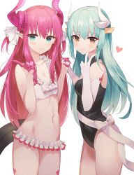 Rule 34 | 2girls, absurdres, bad id, bad pixiv id, bikini, blue eyes, breasts, commentary request, curled horns, elbow gloves, elizabeth bathory (beach bloody demoness) (fate), elizabeth bathory (fate), elizabeth bathory (fate/extra ccc), fate/extella, fate/extella link, fate/extra, fate/extra ccc, fate/grand order, fate (series), frilled bikini, frills, gloves, green hair, hair ribbon, heart, highres, holding hands, horns, interlocked fingers, kiyohime (fate), kiyohime (swimsuit lancer) (second ascension) (fate), long hair, looking at viewer, multiple girls, navel, official alternate costume, one-piece swimsuit, pink hair, pink horns, pointy ears, ribbon, shaffelli, silver hair, simple background, small breasts, swimsuit, tail, white background, white bikini, white gloves, white horns, white ribbon, yellow eyes