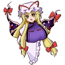 1girl absurdres blonde_hair blush breasts dress frills gap_(touhou) hair_between_eyes hair_ribbon hat highres large_breasts long_hair long_sleeves looking_at_viewer mob_cap open_mouth puffy_sleeves purple_tabard ribbon rui_ene_k smile solo tabard touhou upper_body very_long_hair white_background white_dress yakumo_yukari yellow_eyes