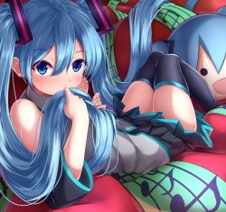 Rule 34 | 1girl, absurdres, blue eyes, blue hair, detached sleeves, hatsune miku, highres, long hair, musical note, nicoby, reclining, skirt, solo, thighhighs, twintails, very long hair, vocaloid