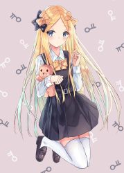 Rule 34 | 1girl, abigail williams (fate), akaya (pixiv20545353), black bow, black dress, blonde hair, blue hair, blush, bow, brown background, brown footwear, closed mouth, collared shirt, commentary request, dress, dress shirt, fate/grand order, fate (series), forehead, full body, gradient hair, hair bow, hands up, highres, key, loafers, long hair, long sleeves, looking at viewer, multicolored hair, hugging object, orange bow, parted bangs, pinafore dress, pleated dress, polka dot, polka dot bow, school uniform, shirt, shoes, sleeveless dress, solo, stuffed animal, stuffed toy, teddy bear, thighhighs, very long hair, white shirt, white thighhighs