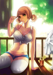 Rule 34 | 1girl, arm support, bad id, bad pixiv id, brown hair, condensation, crop top, drink, drinking straw, earrings, hand fan, fiodo, food, front-tie top, fruit, green eyes, hair ornament, hairclip, jewelry, lemon, midriff, nail polish, navel, open fly, original, popsicle, shirt, short hair, short shorts, shorts, solo, thighhighs, tied shirt, unzipped, zipper