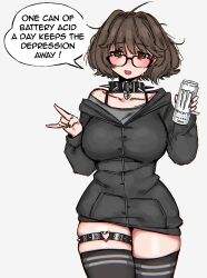 Rule 34 | 1girl, aki (snale), breasts, brown eyes, brown hair, collar, commentary, english commentary, english text, glasses, highres, hood, hoodie, jacket, large breasts, looking at viewer, messy hair, monster energy, no pants, off shoulder, open mouth, original, skindentation, snale, spiked collar, spikes, thick thighs, thigh strap, thighhighs, thighs, white background, wide hips